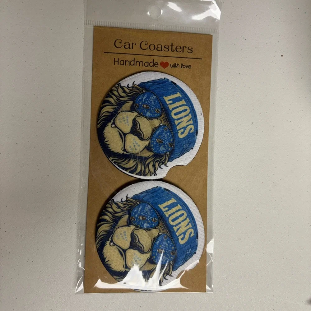 Handmade Lion Car Coasters - Blue and White - Picture 1 of 1